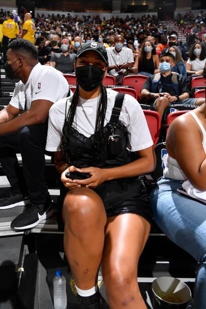 Liz Cambage of the Las Vegas Aces attends the game between the Detroit Pistons and the Los Angeles Lakers during the 2021 Las Vegas Summer League on...