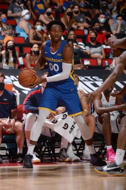 Jonathan Kuminga of the Golden State Warriors handles the ball against the New Orleans Pelicans during the 2021 Las Vegas Summer League on August 15,...