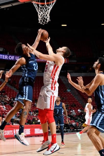 Ben Moore of Memphis Grizzlies blocks shot during the game against the Chicago Bulls during the 2021 Las Vegas Summer League on August 15, 2021 at...