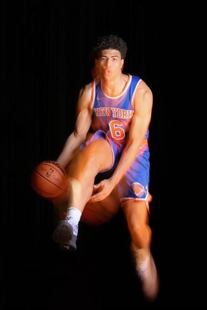 Quentin Grimes of the New York Knicks poses for a portrait during 2021 NBA Rookie Photo Shoot on August 15, 2021 at UNLV Campus in Las Vegas, Nevada....