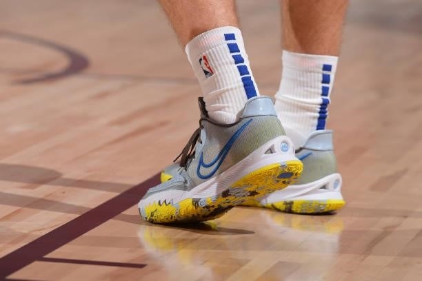 The sneakers worn by Justinian Jessup of the Golden State Warriors during the 2021 Las Vegas Summer League on August 15, 2021 at the Cox Pavilion in...