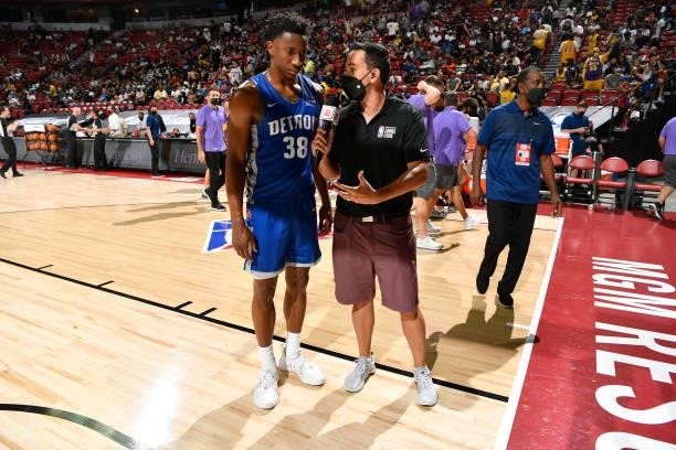 Saben Lee of the Detroit Pistons is interviewed during the game against the Los Angeles Lakers during the 2021 Las Vegas Summer League on August 14,...