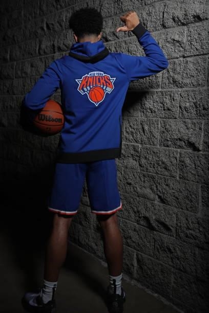 Quentin Grimes of the New York Knicks poses for a portrait during 2021 NBA Rookie Photo Shoot on August 15, 2021 at UNLV Campus in Las Vegas, Nevada....