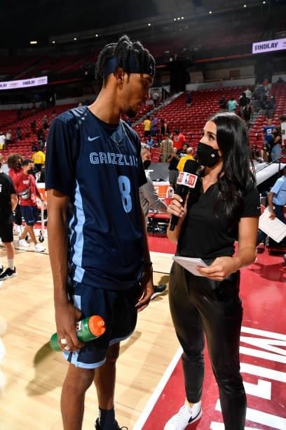 Ziaire Williams of the Memphis Grizzlies gives interview after the game against the Chicago Bulls during the 2021 Las Vegas Summer League on August...