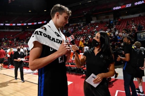 Franz Wagner of the Orlando Magic gives interview after the game against the Houston Rockets during the 2021 Las Vegas Summer League on August 15,...