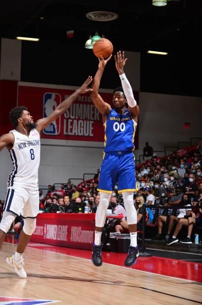 Jonathan Kuminga of the Golden State Warriors shoots a three point basket against the New Orleans Pelicans during the 2021 Las Vegas Summer League on...