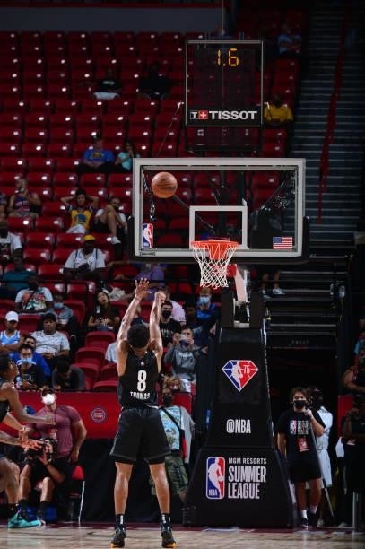 Cam Thomas of the Brooklyn Nets shoots a free throw against the San Antonio Spurs during the 2021 Las Vegas Summer League on August 15, 2021 at the...