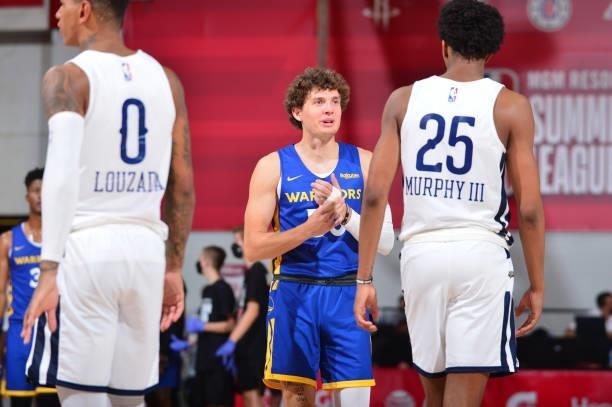 Kyle Guy of the Golden State Warriors talks with Trey Murphy III of the New Orleans Pelicans during the 2021 Las Vegas Summer League on August 15,...