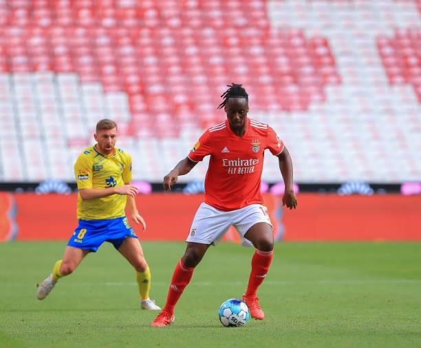 Soualiho Meite of SL Benfica in action during the Liga Bwin match between SL Benfica and FC Arouca at Estadio da Luz on August 14, 2021 in Lisbon,...