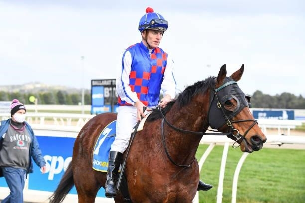The Bont ridden by Jarrod Fry returns to the mounting yard after winning the Sportsbet Take A Sec Before You Bet BM58 Hcp at Sportsbet-Ballarat...