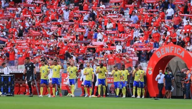 Benfica supporters in teams entrance during the Liga Bwin match between SL Benfica and FC Arouca at Estadio da Luz on August 14, 2021 in Lisbon,...