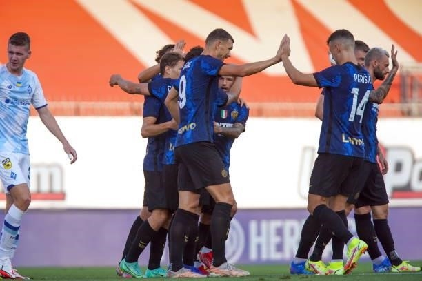 Edin Dzekoof FC Internazionale celebrates after scoring his team's second goal during the Pre-Season Friendly Match between FC Internazionale and...