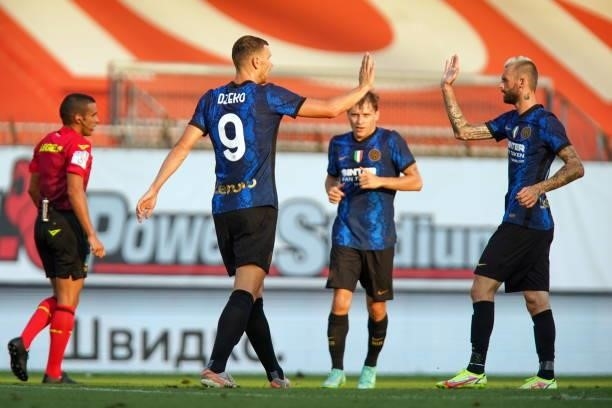 Edin Dzeko of FC Internazionale celebrates after scoring his team's second goal during the Pre-Season Friendly Match between FC Internazionale and...