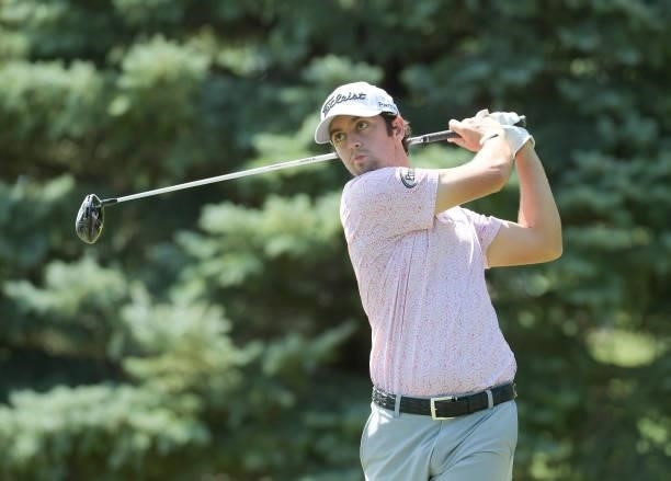 Davis Riley plays a tee shot on the second hole during the final round of the Korn Ferry Tours Pinnacle Bank Championship presented by Aetna at The...