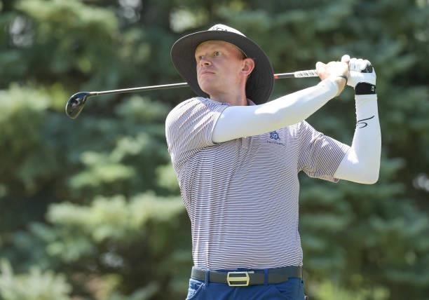 Jared Wolfe hits a tee shot on the second hole during the final round of the Korn Ferry Tours Pinnacle Bank Championship presented by Aetna at The...