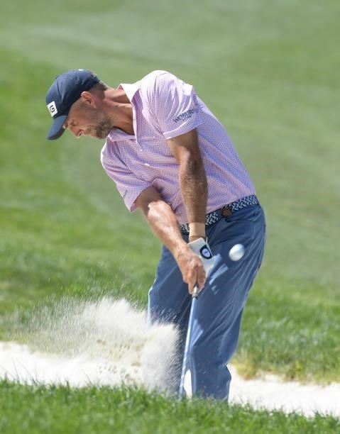 Steve Lewton plays a bunker shot on the first hole during the final round of the Korn Ferry Tours Pinnacle Bank Championship presented by Aetna at...