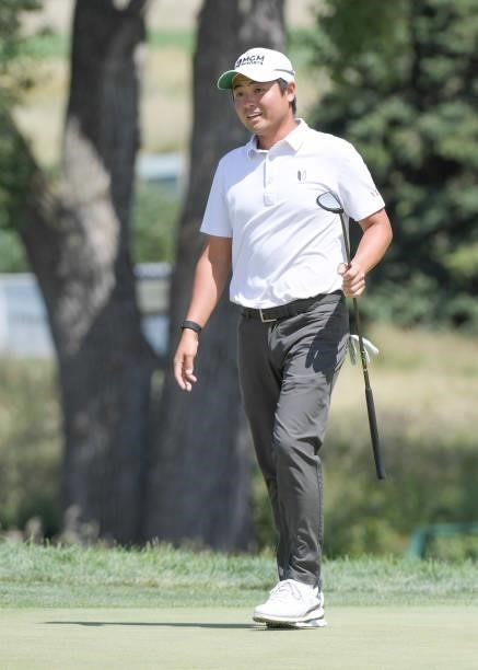 John Oda reacts to his putt on the first green during the final round of the Korn Ferry Tours Pinnacle Bank Championship presented by Aetna at The...
