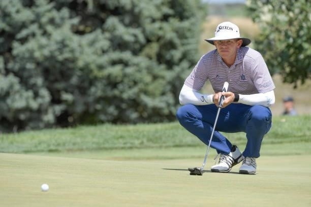 Jared Wolfe studies his putt on the first green during the final round of the Korn Ferry Tours Pinnacle Bank Championship presented by Aetna at The...