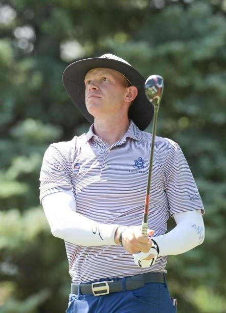 Jared Wolfe hits a tee shot on the second hole during the final round of the Korn Ferry Tours Pinnacle Bank Championship presented by Aetna at The...