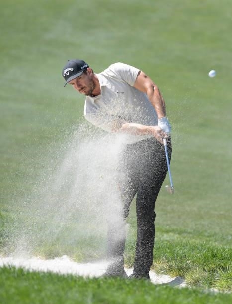 Jamie Lovemark plays a bunker shot on the first hole during the final round of the Korn Ferry Tours Pinnacle Bank Championship presented by Aetna at...