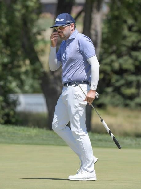 Marcelo Rozo reacts to his putt on the first hole during the final round of the Korn Ferry Tours Pinnacle Bank Championship presented by Aetna at The...