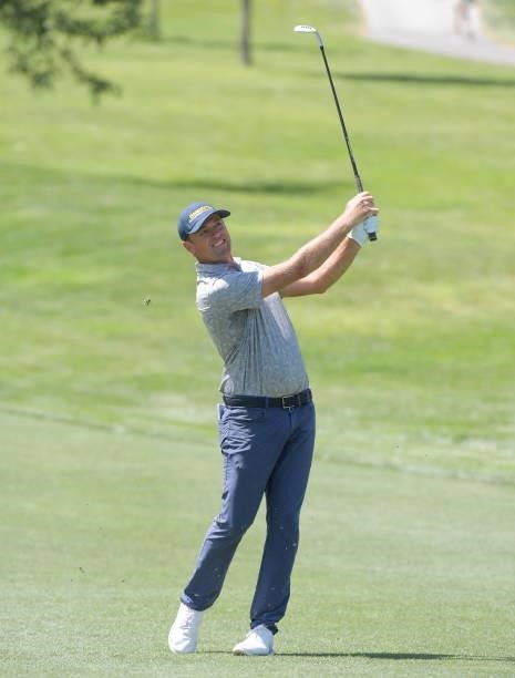 Jamie Arnold plays a shot on the first hole during the final round of the Korn Ferry Tours Pinnacle Bank Championship presented by Aetna at The Club...