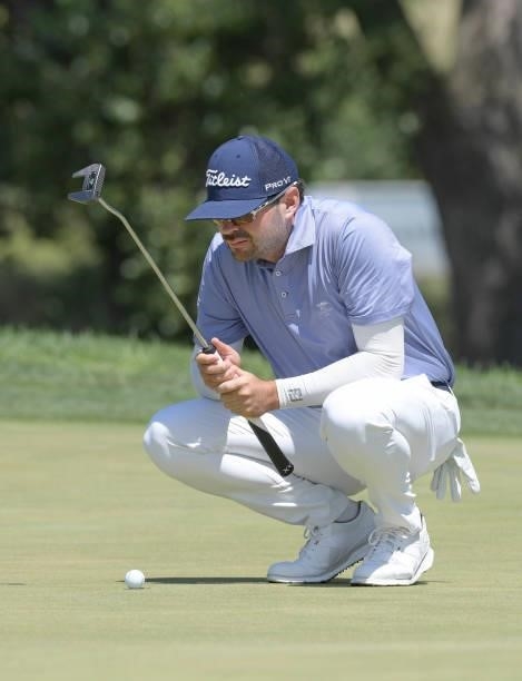 Marcelo Rozo lines his putt on the first hole during the final round of the Korn Ferry Tours Pinnacle Bank Championship presented by Aetna at The...