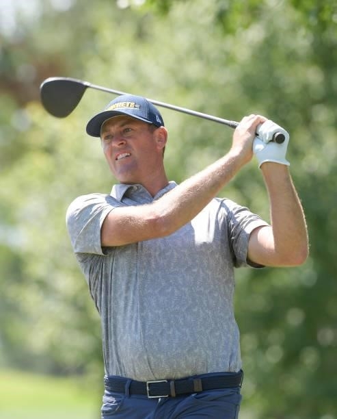 Jamie Arnold plays a tee sot on the second hole during the final round of the Korn Ferry Tours Pinnacle Bank Championship presented by Aetna at The...