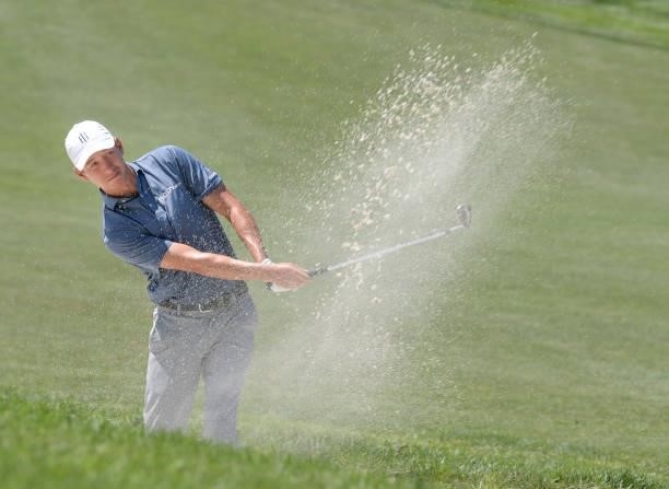Vince India plays a bunker shot on the first hole during the final round of the Korn Ferry Tours Pinnacle Bank Championship presented by Aetna at The...