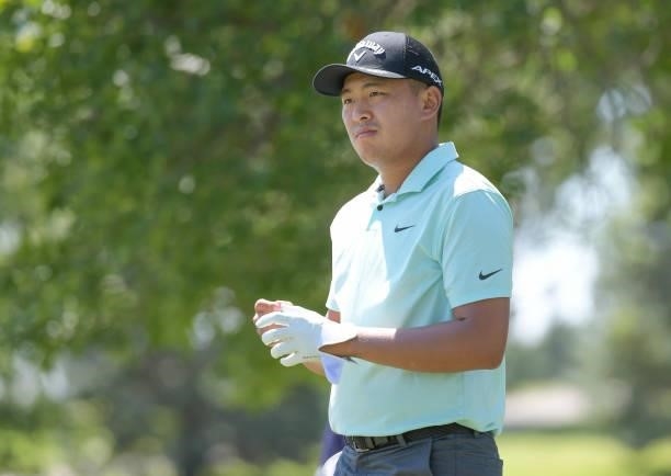 Kevin Yu watches play on the second hole during the final round of the Korn Ferry Tours Pinnacle Bank Championship presented by Aetna at The Club at...