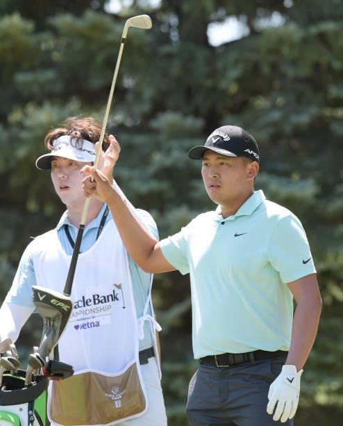 Kevin Yu pulls a club on the second hole during the final round of the Korn Ferry Tours Pinnacle Bank Championship presented by Aetna at The Club at...
