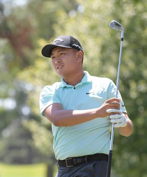 Kevin Yu hits a tee shot on the second hole during the final round of the Korn Ferry Tours Pinnacle Bank Championship presented by Aetna at The Club...