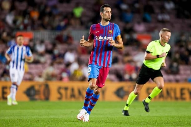 Sergio Busquets of FC Barcelona during the La Liga Santander match between FC Barcelona v Real Sociedad at the Camp Nou on August 15, 2021 in...