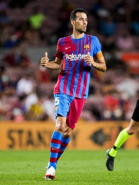 Sergio Busquets of FC Barcelona during the La Liga Santander match between FC Barcelona v Real Sociedad at the Camp Nou on August 15, 2021 in...