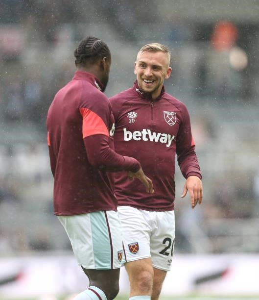 West Han United's Jarrod Bowen and Michail Antonio during the Premier League match between Newcastle United and West Ham United at St. James Park on...
