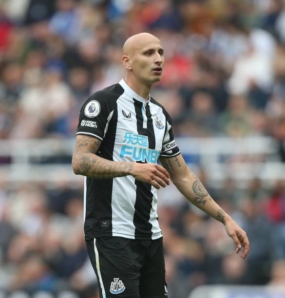 Newcastle United's Jonjo Shelvey during the Premier League match between Newcastle United and West Ham United at St. James Park on August 14, 2021 in...