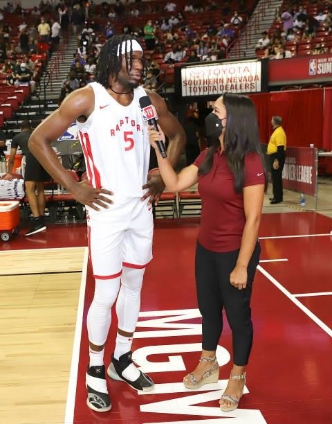 Precious Achiuwa of the Toronto Raptors talks to NBA TV Reporter, Abby Chin during the 2021 Las Vegas Summer League on August 12, 2021 at the Thomas...
