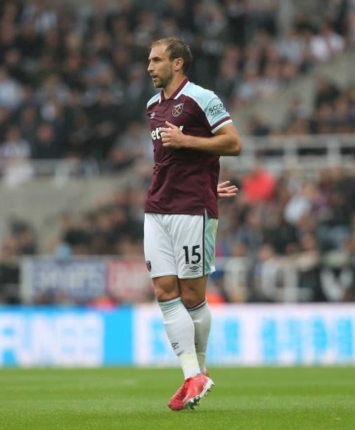 West Ham United's Craig Dawson during the Premier League match between Newcastle United and West Ham United at St. James Park on August 14, 2021 in...