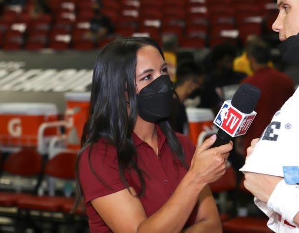 Malachi Flynn of the Toronto Raptors talks to NBA TV Reporter, Abby Chin during the 2021 Las Vegas Summer League on August 12, 2021 at the Thomas &...