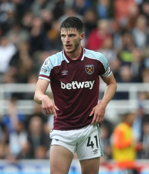 West Ham United's Declan Rice during the Premier League match between Newcastle United and West Ham United at St. James Park on August 14, 2021 in...