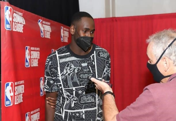Usman Garuba of the Houston Rockets talks to the media during the 2021 Las Vegas Summer League on August 12, 2021 at the Thomas & Mack Center in Las...