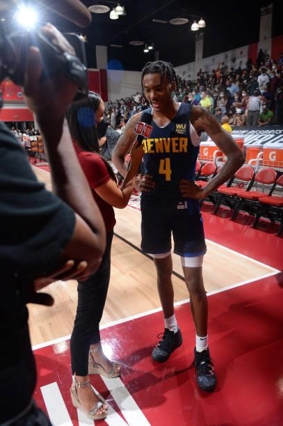 Nah'Shon Hyland of the Denver Nuggets interviews after the game against the Dallas Mavericks during the 2021 Las Vegas Summer League on August 14,...