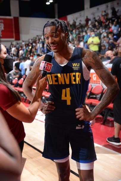 Nah'Shon Hyland of the Denver Nuggets interviews after the game against the Dallas Mavericks during the 2021 Las Vegas Summer League on August 14,...