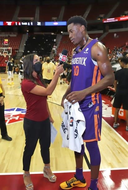 Reporter, Abby Chin talks to Jalen Smith of the Phoenix Suns during the 2021 Las Vegas Summer League on August 12, 2021 at the Thomas & Mack Center...