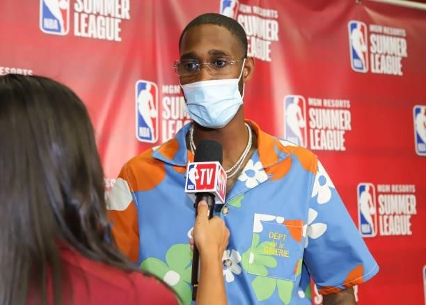 Reporter, Abby Chin talks to Will Barton of the Denver Nuggets during the 2021 Las Vegas Summer League on August 12, 2021 at the Thomas & Mack Center...