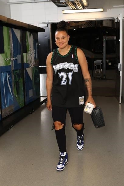 Kayla McBride of the Minnesota Lynx arrives to the arena prior to the game against the New York Liberty on August 15, 2021 at Target Center in...