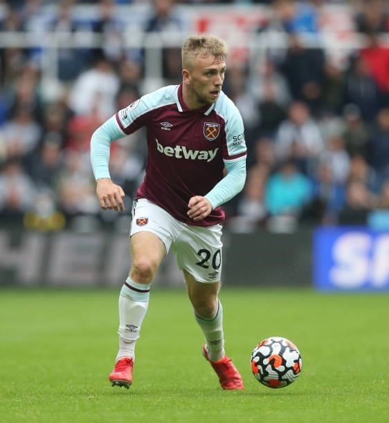 West Ham United's Jarrod Bowen during the Premier League match between Newcastle United and West Ham United at St. James Park on August 14, 2021 in...