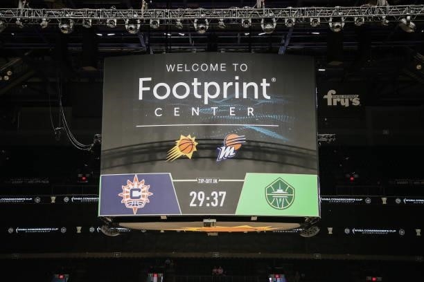 Welcome sign on the Jumbotron during the Seattle Storm game against the Connecticut Sun during the WNBA Commissioner's Cup Game on August 12, 2021 at...