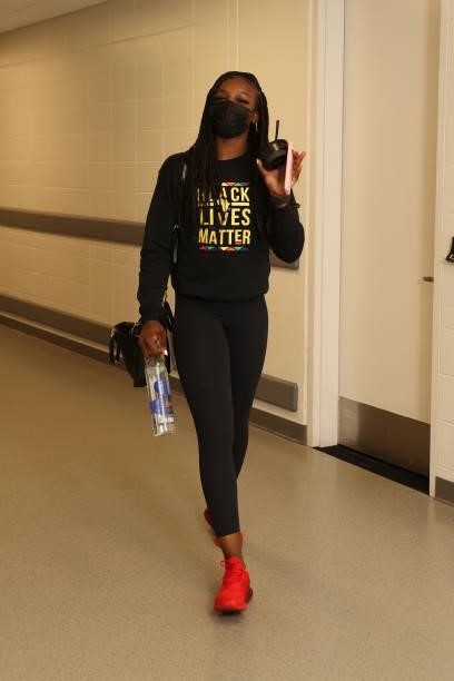 Michaela Onyenwere of the New York Liberty arrives to the arena prior to the game against the Minnesota Lynx arrives to the arena on August 15, 2021...