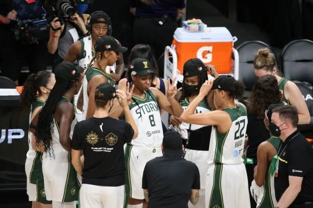 Kennedy Burke of the Seattle Storm celebrates with teammates after the game against the Connecticut Storm during the WNBA Commissioner's Cup Game on...
